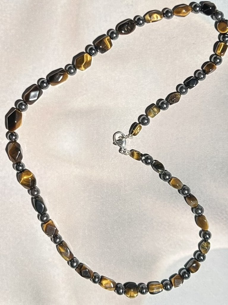 Natural Tiger-Eye Gemstone Beads And Hematite Beads. Necklace.
